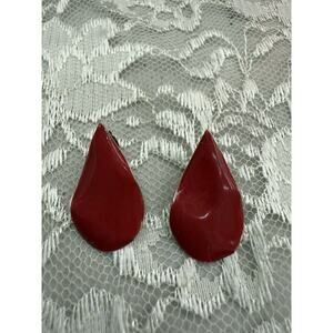 Vintage 80s Red Metal Enamel Curved Teardrop Stud Earrings Retro Statement